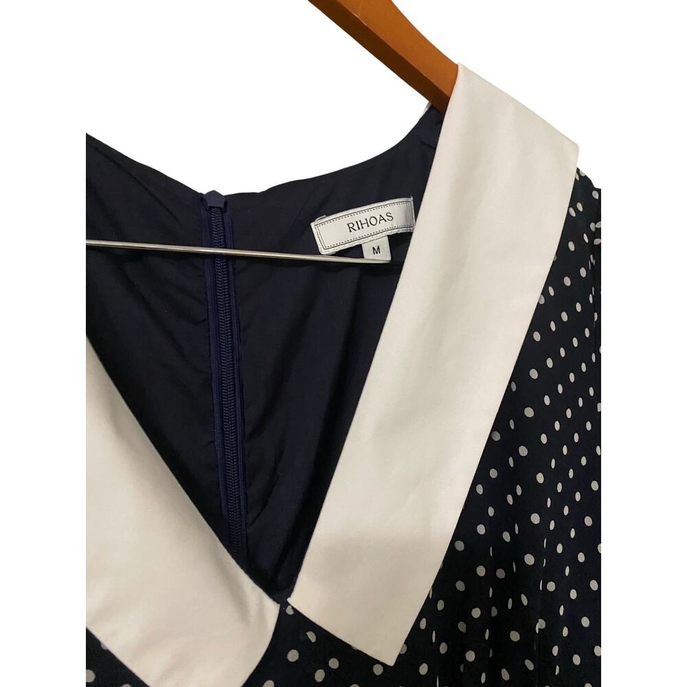 Rihoas Polka Dot Midi Dress Medium Peter Pan Puritan Collar Navy Blue White - Picture 6 of 9